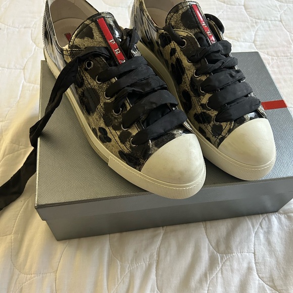 Prada Leopard Print Patent Sneakers with Ribbon Laces - Picture 12 of 14